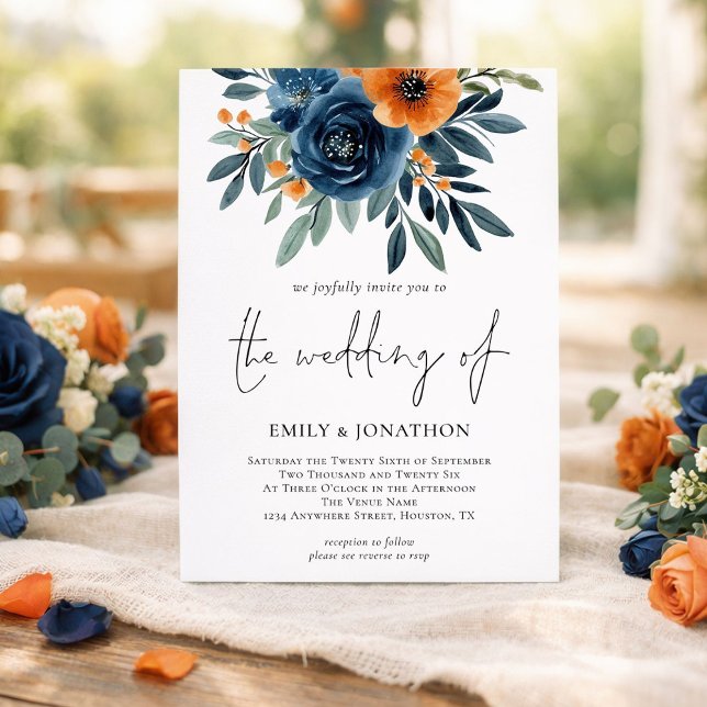 Burnt Orange Navy Florals QR Code Wedding Invitation (Creator Uploaded)