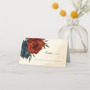 burnt orange navy flowers botanical wedding place card
