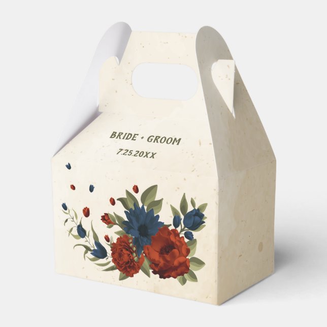 burnt orange navy flowers wedding favor box (Front Side)