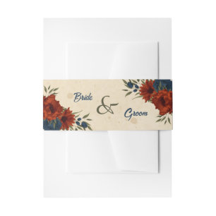 burnt orange navy flowers wedding invitation belly band