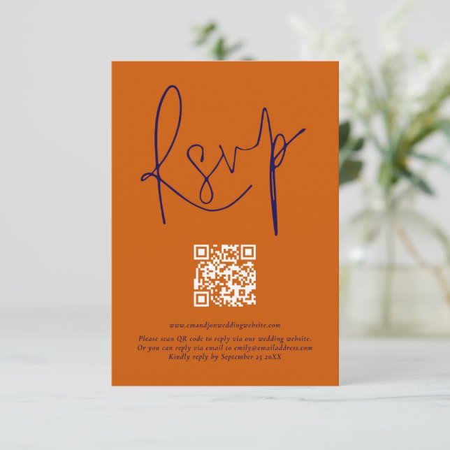 Burnt Orange Navy Script Qr Code Mariage Carte RSV (Debout devant)