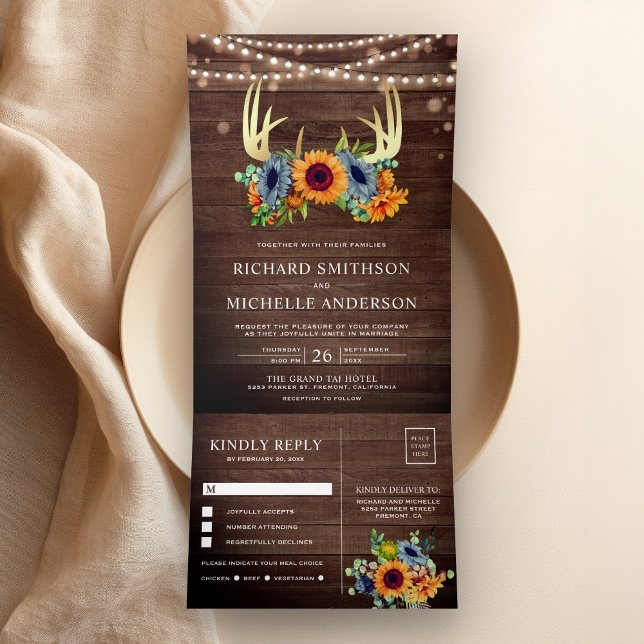 Burnt Orange Navy Sunflowers Antler Wood Wedding Tri-Fold Invitation (Creator Uploaded)