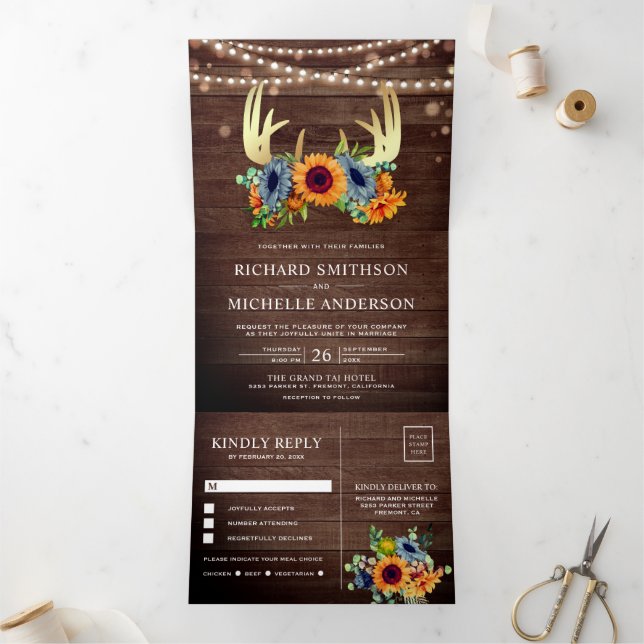 Burnt Orange Navy Sunflowers Antler Wood Wedding Tri-Fold Invitation (Inside)