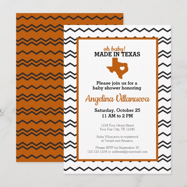 Burnt Orange Oh Baby! Chevron Made in Texas Shower Invitation (Front/Back)