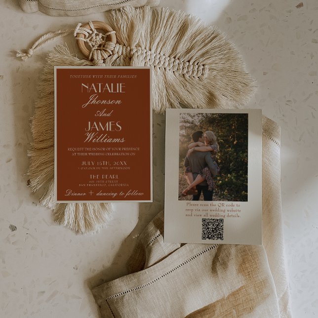 Burnt Orange Old Money QR Code Photo Wedding Invitation (Creator Uploaded)