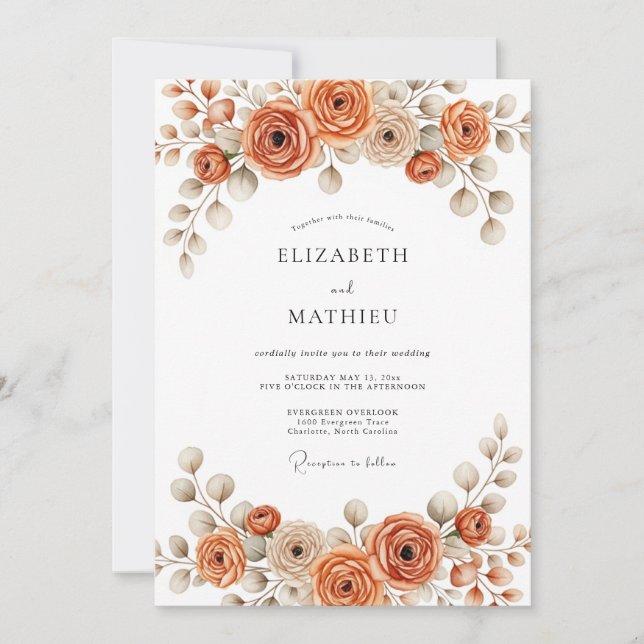 Burnt Orange Painterly Blossom Wedding Invitation (Front)