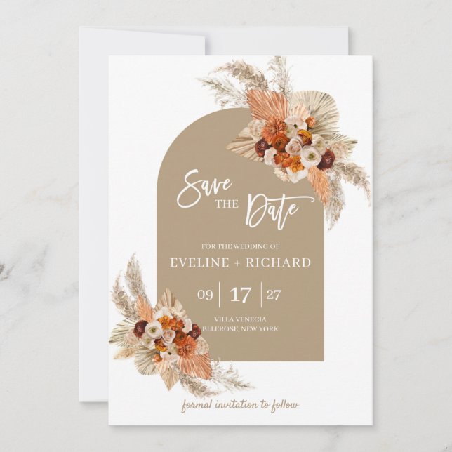 Burnt orange pampas grass dried palm boho arch invitation (Front)