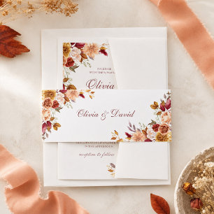Burnt Orange & Peach Autumn Floral Wedding  Invitation Belly Band