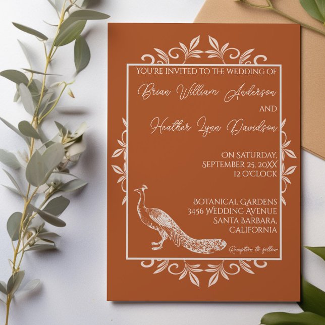 Burnt Orange Peacock Flourish Wedding Invitation (Burnt Orange Peacock Flourish Wedding Invitation)