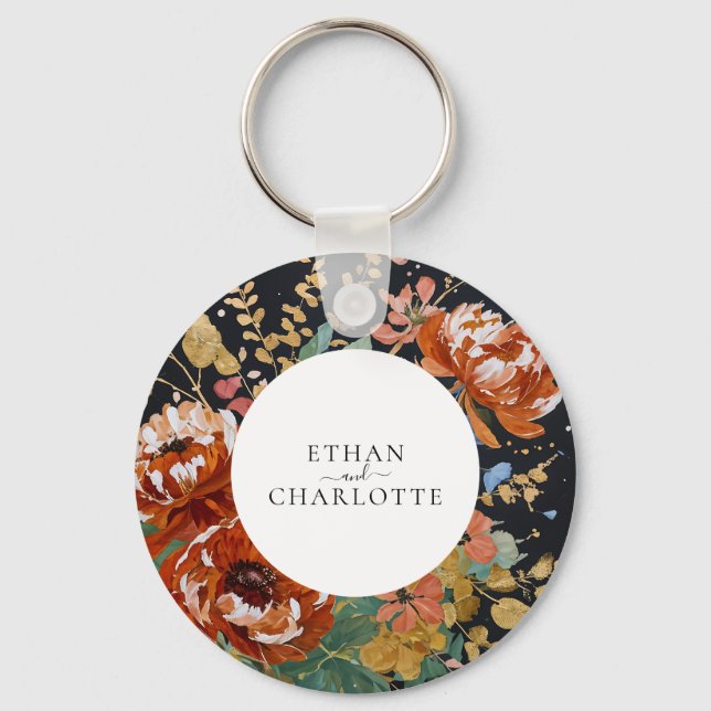 Burnt Orange Peonies Floral Painting Gold Wedding Keychain (Front)