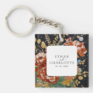 Burnt Orange Peonies Floral Painting Gold Wedding Keychain