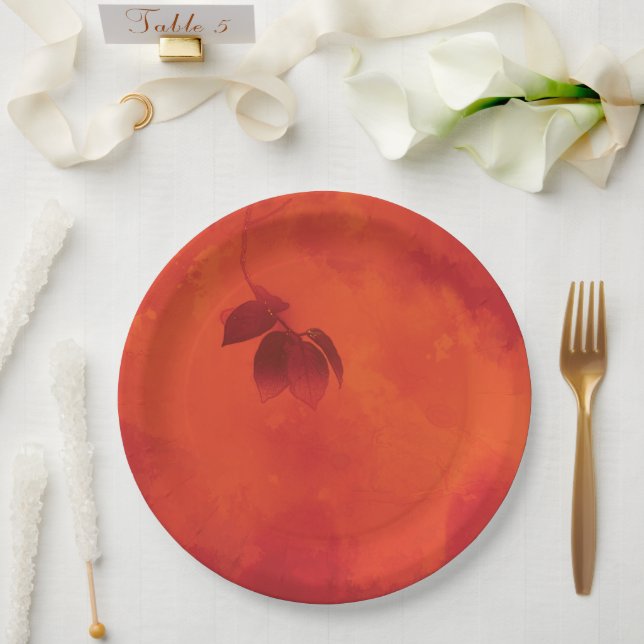 Burnt Orange Persimmon Leaf Abtract Autumn Paper Plate (Wedding)