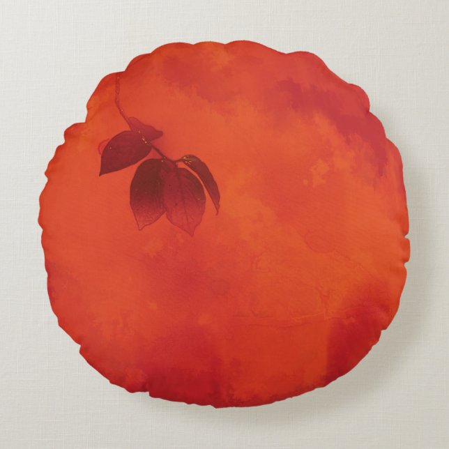 Burnt Orange Persimmon Leaf Abtract Autumn Round Pillow (Front)