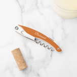 Burnt Orange Personalized Wedding Bridesmaid Corkscrew<br><div class="desc">Trendy burnt orange colour wine corkscrew opener for your wedding bridesmaid along with her name on back and printed in white,  stylized script. Personalize corkscrew by editing and replacing name with your bridesmaid's name. Available in many,  popular bridesmaid wedding colour schemes.</div>