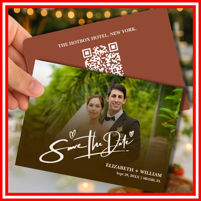 Burnt Orange Photo QR Code Elegant Wedding Save The Date (Creator Uploaded)