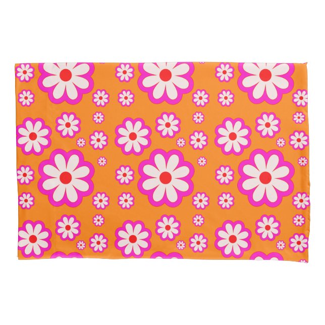 Burnt Orange& Pink Daisies 70s BOHO Floral Pattern Pillowcase (Front)
