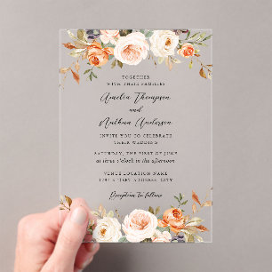 Burnt Orange Pink Rustic Botanical Florals Wedding Acrylic Invitations