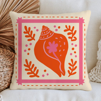 Burnt Orange& Pink Seashell Eclectic Nautical Throw Pillow