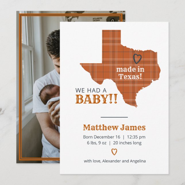 Burnt Orange Plaid Made In Texas Vertical Photo Announcement (Front/Back)