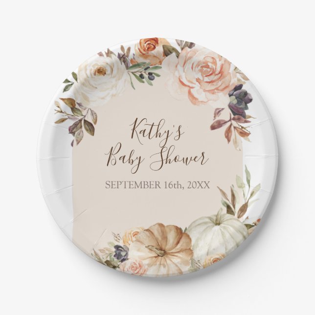 Burnt Orange Pumpkin Rustic Floral Party Paper Paper Plate (Front)