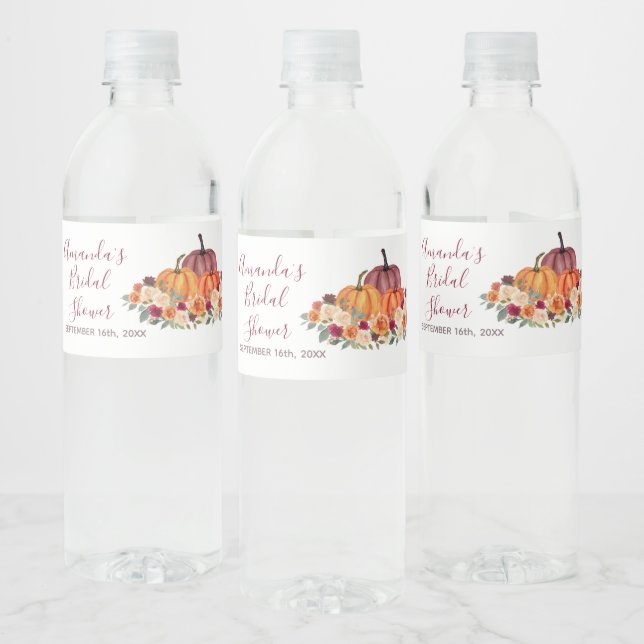 Burnt Orange Pumpkin Rustic Floral Water Bottle Label (Bottles)