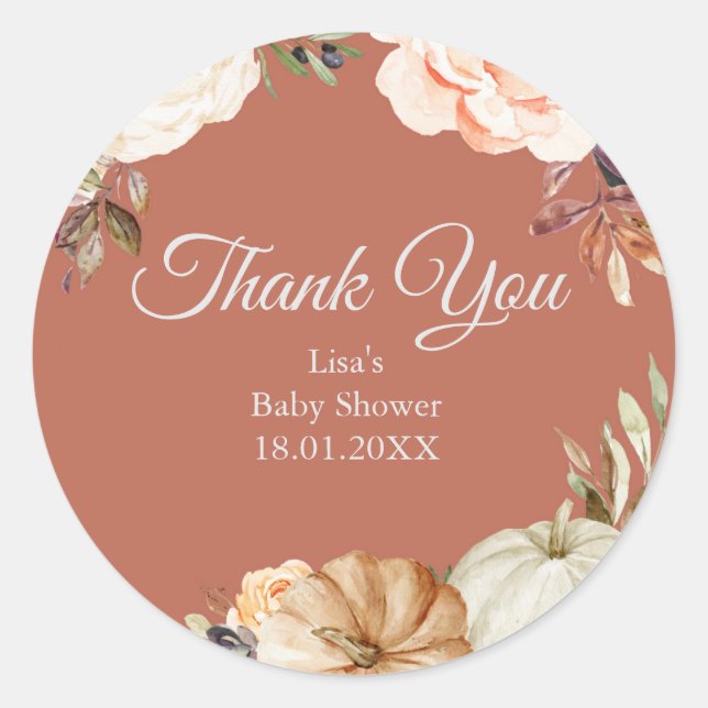 Burnt orange pumpkin shower Thank You Sticker (Front)
