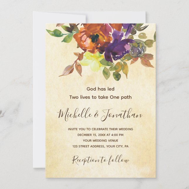 Burnt Orange Purple Floral Christian Wedding  Invitation (Front)