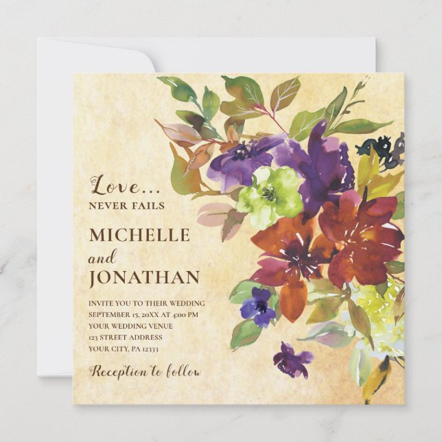 Burnt Orange Purple Floral Christian Wedding Invitation (Front)