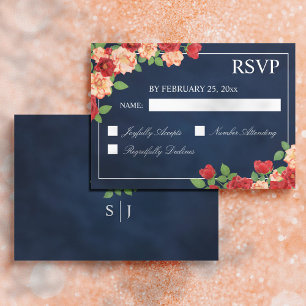Burnt Orange Red Roses Navy Blue Monogram Wedding RSVP Card