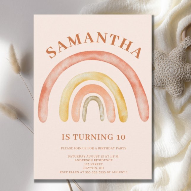 Burnt Orange Retro Boho Rainbow 10th Birthday Invitation (Creator Uploaded)