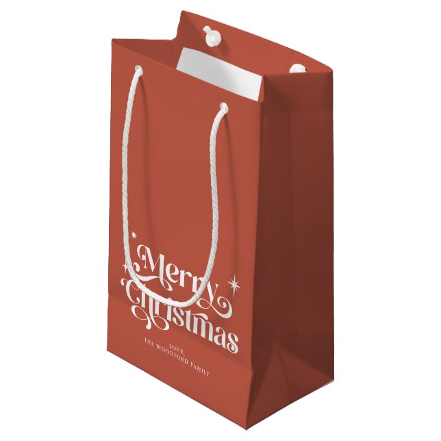 Burnt Orange Retro Merry Christmas Small Gift Bag (Front Angled)