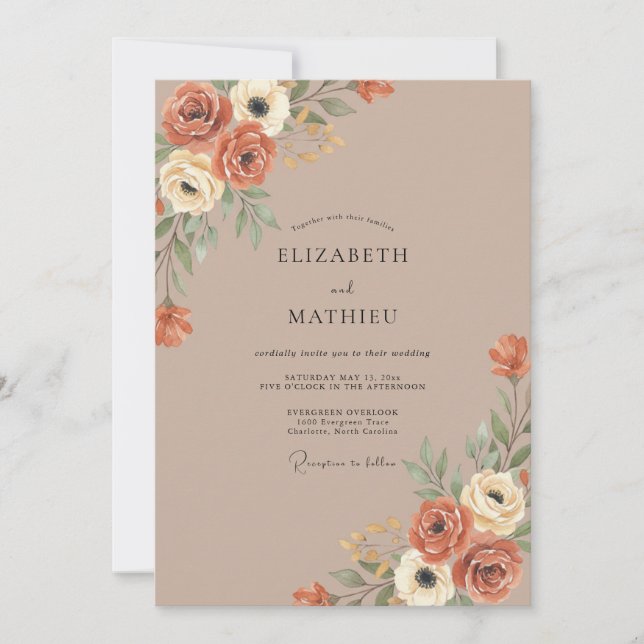Burnt Orange Romantic Botanical Wedding Invitation (Front)