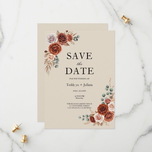  Burnt Orange Rose and Pampas Grass Save the Date (Front/Back In Situ)