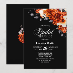 Burnt Orange Rose Floral Black Bridal Shower Invitation