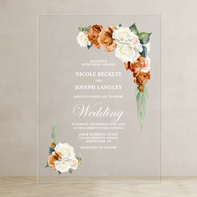 Burnt Orange Rose Floral Wedding Acrylic Invitations (Creator Uploaded)