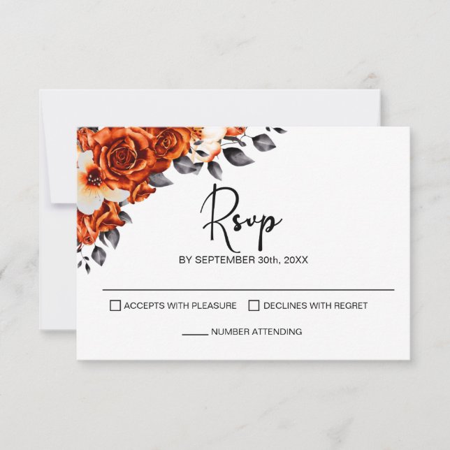 Burnt Orange Rose Floral Wedding RSVP Card (Front)