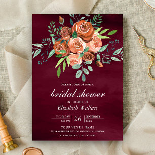 Burnt Orange Roses Burgundy Bridal Shower Invitation