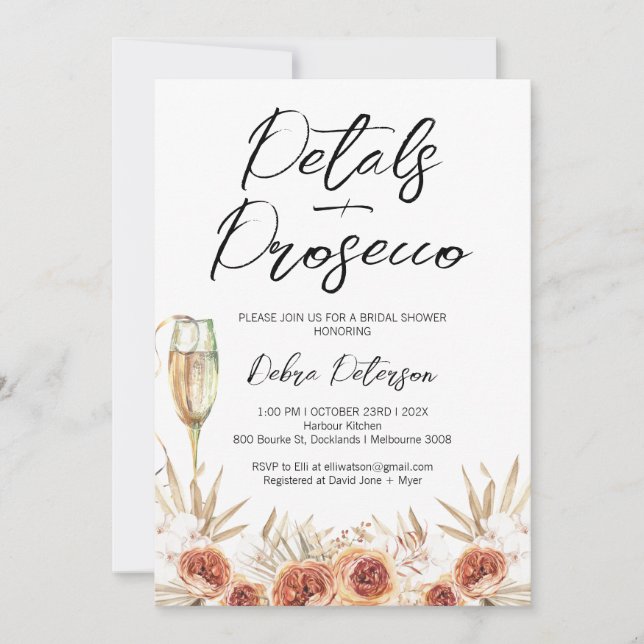 Burnt Orange Roses Petals Prosecco Bridal Shower Invitation (Front)
