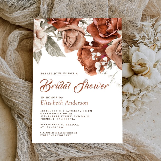 Burnt Orange Roses Terracotta Floral Bridal Shower Invitation (Creator Uploaded)