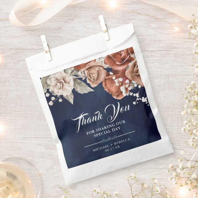 Burnt Orange Roses Terracotta Floral Navy Wedding Favour Bag (Clipped)