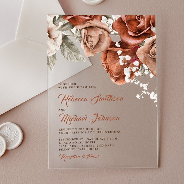 Burnt Orange Roses Terracotta Floral Wedding Acrylic Invitations (Creator Uploaded)