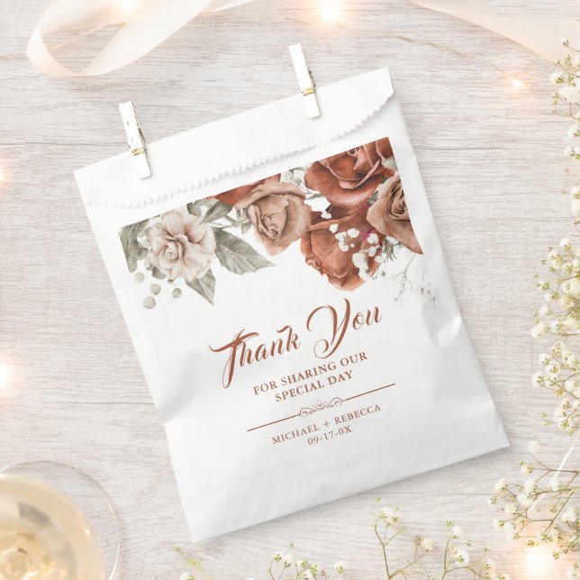 Burnt Orange Roses Terracotta Floral Wedding Favour Bag (Clipped)