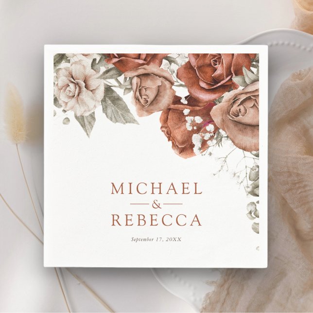 Burnt Orange Roses Terracotta Floral Wedding Napkin (Creator Uploaded)