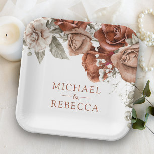 Burnt Orange Roses Terracotta Floral Wedding Paper Plate