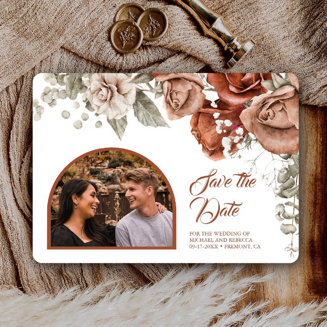 Burnt Orange Roses Terracotta Floral Wedding Photo Save The Date (Creator Uploaded)