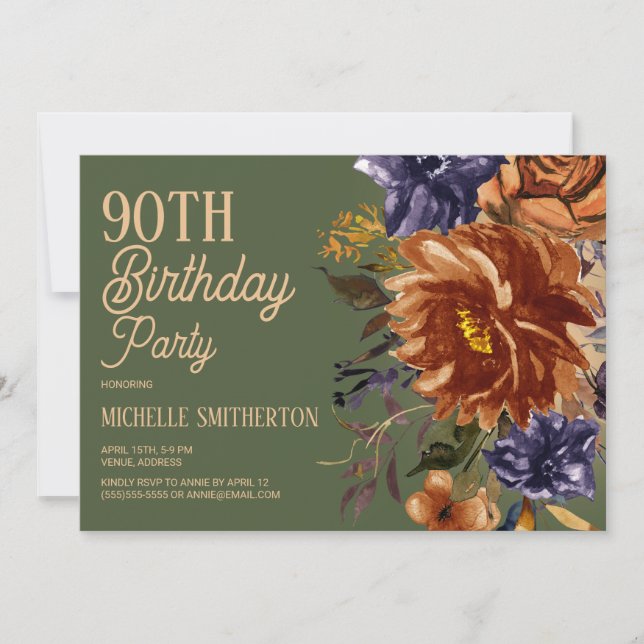 Burnt Orange Rust Blue Floral Green 90th Birthday Invitation (Front)