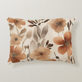 Burnt Orange Rust Brown Beige Watercolor Floral Accent Pillow
