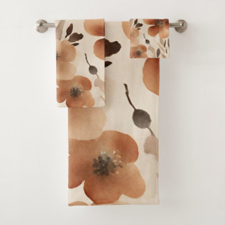 Burnt Orange Rust Brown Beige Watercolor Floral Bath Towel Set