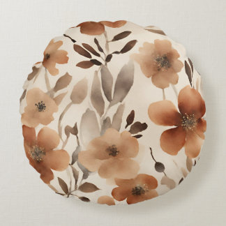 Burnt Orange Rust Brown Beige Watercolor Floral Round Pillow