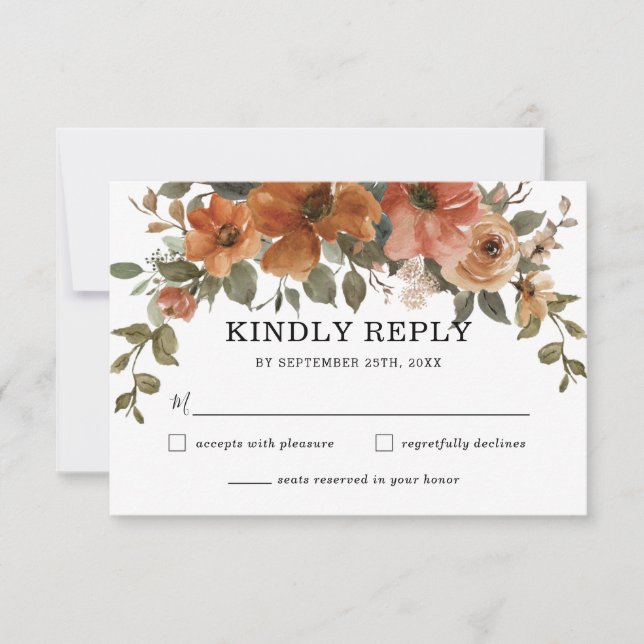 Burnt Orange Rust Copper Floral Arch Fall Wedding RSVP Card (Front)